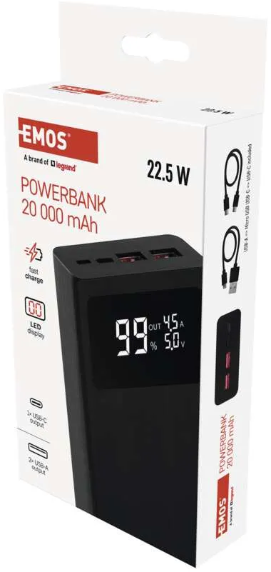Fekete power bank digitális kijelzővel és USB portokkal, csomagolva.