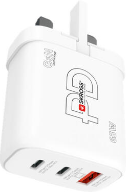 Caricatore Kross PD 65W con tecnologia GaN bianco, con più porte USB e spina UK.