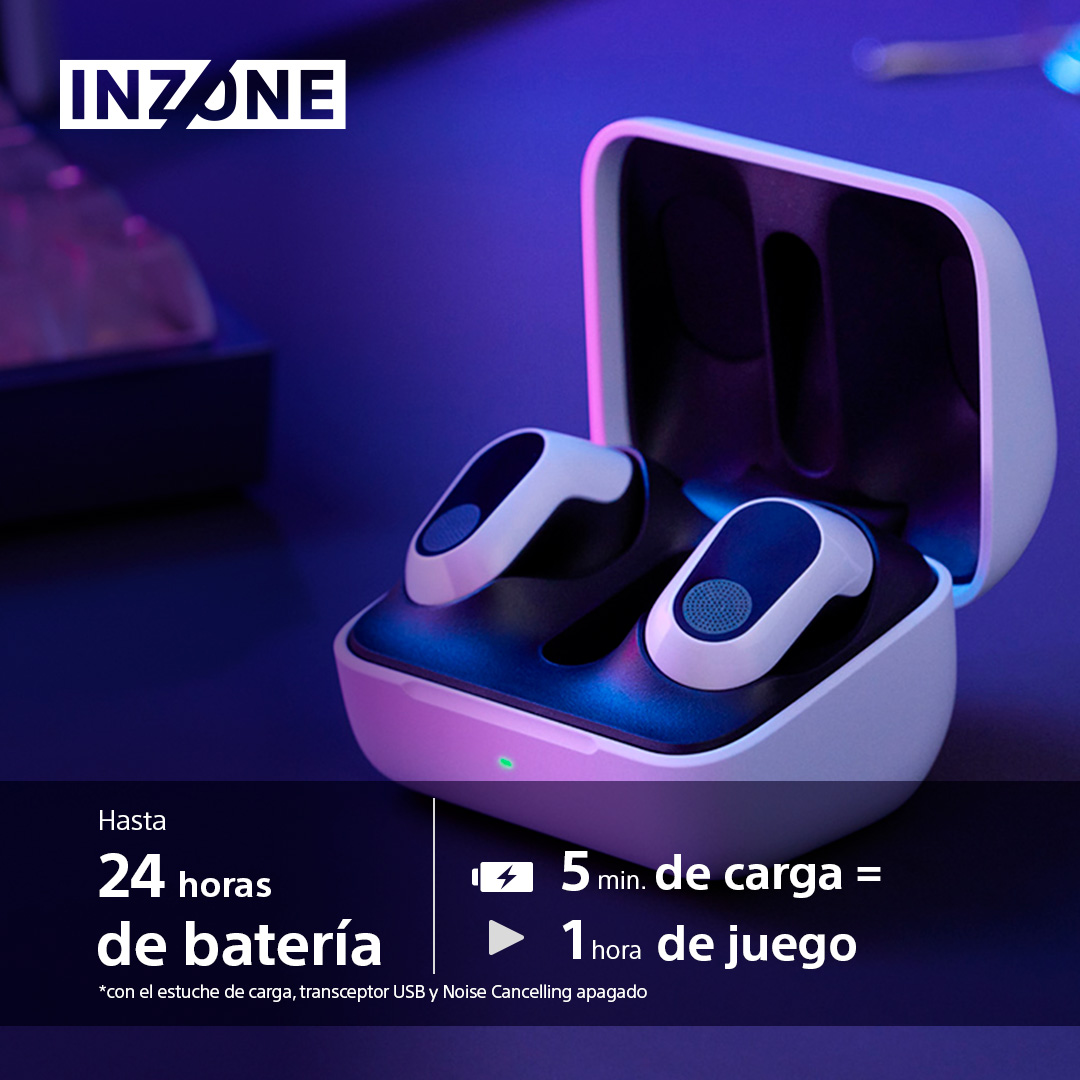 Auriculares INZONE blancos y negros en un estuche de carga blanco. Promociona 24h de batería, 5min de carga = 1h.