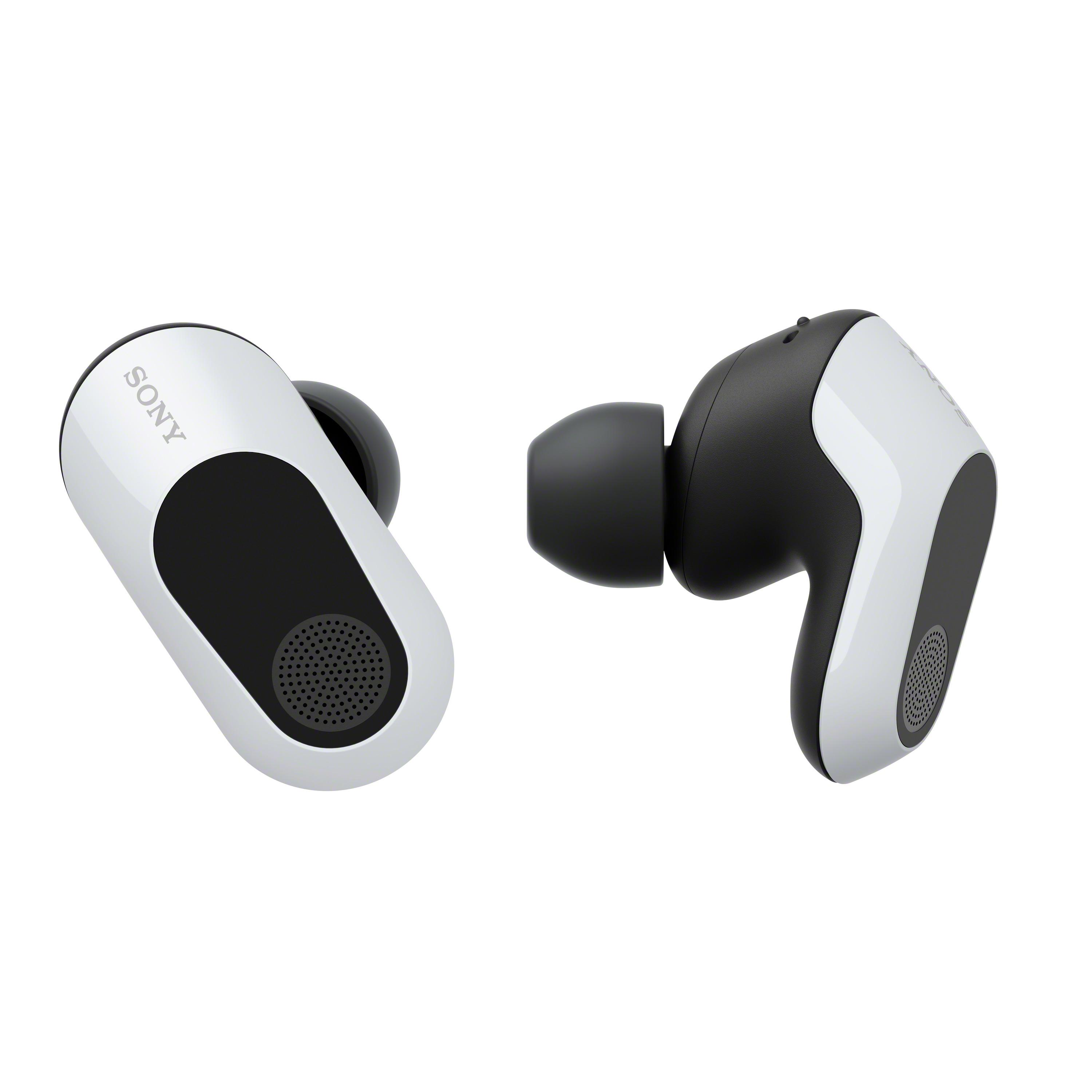 Dos auriculares Sony blancos y negros. El izquierdo muestra el logotipo de Sony.
