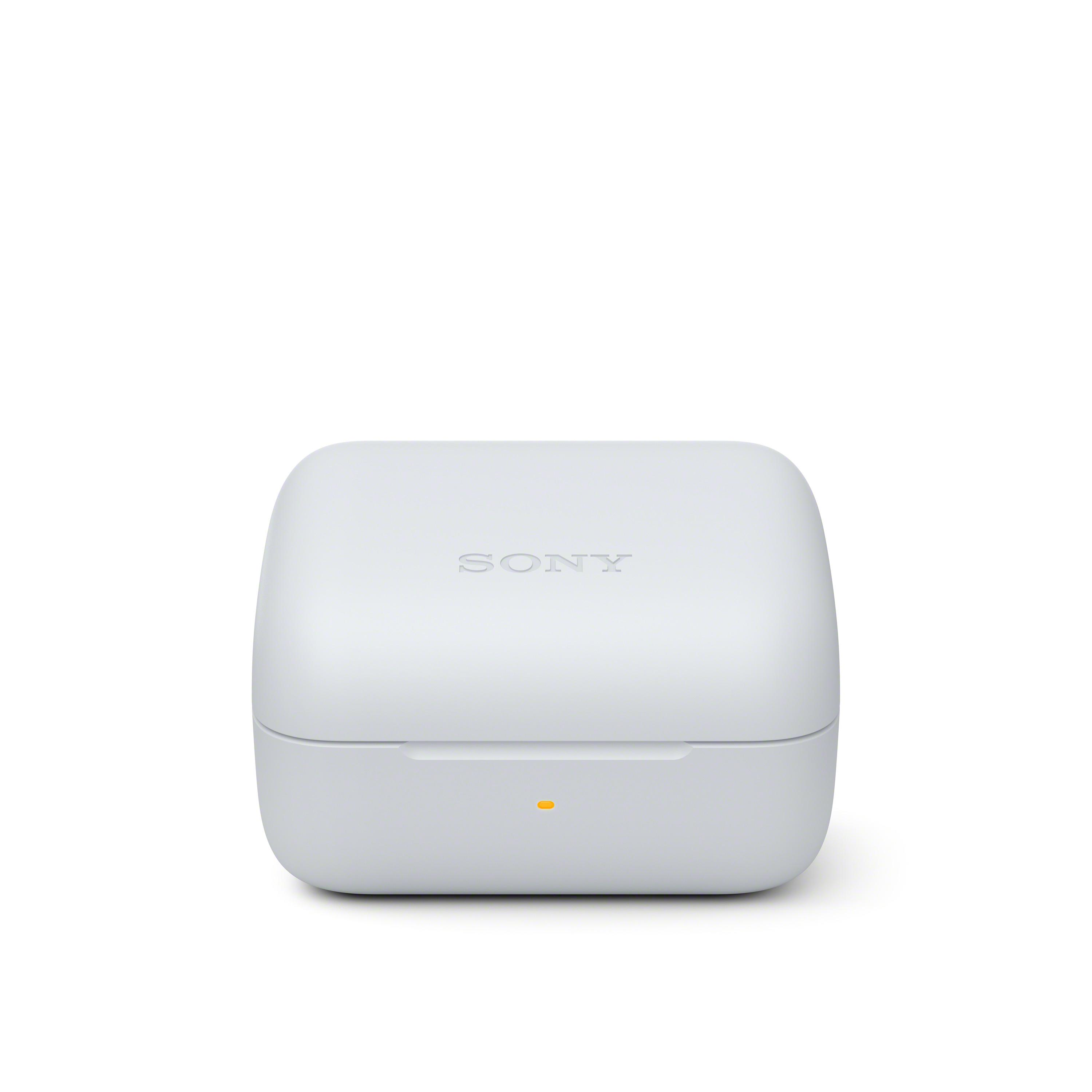 Funda de carga blanca para auriculares, con el logotipo de SONY y una luz de carga.