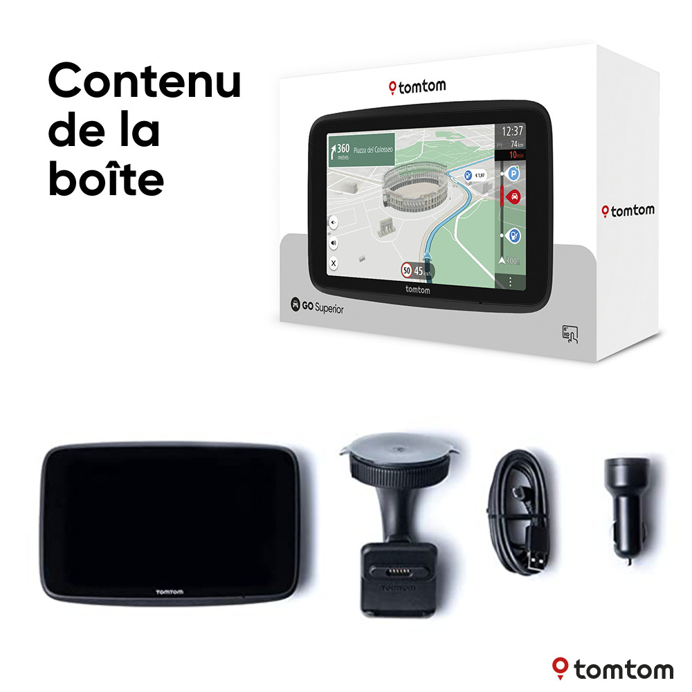 Boîte avec GPS et accessoires. La boîte indique 'Contenu de la boîte' et 'TomTom'.