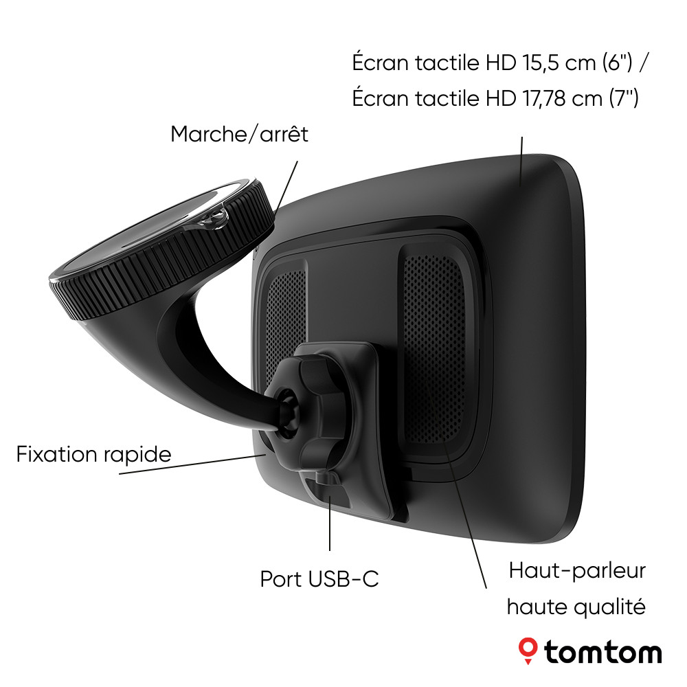 Appareil de navigation automobile TomTom avec boutons et port USB.