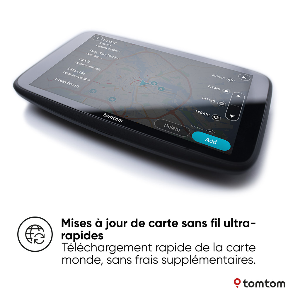 Appareil GPS TomTom noir affichant une carte, avec des options de mise à jour.