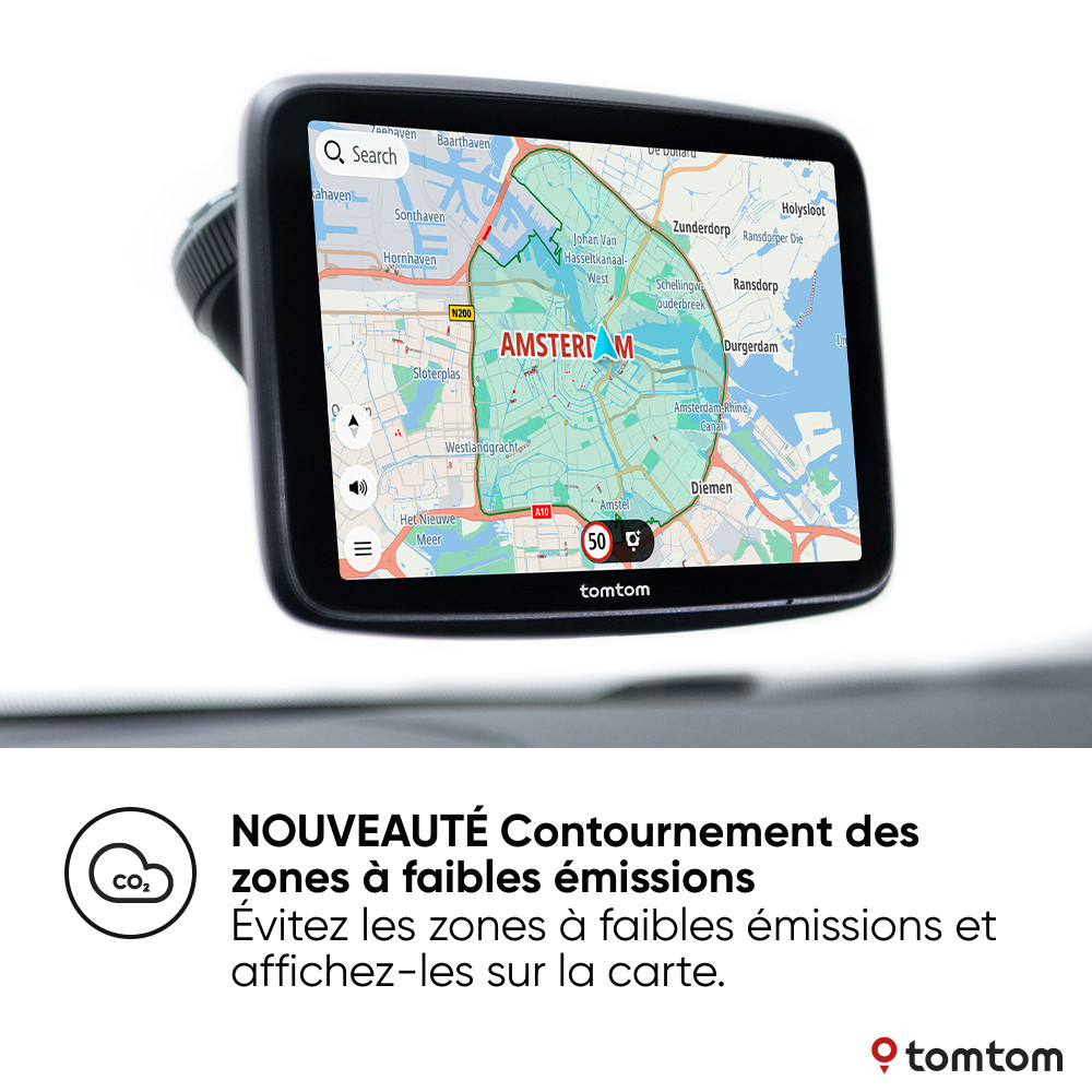 Un appareil GPS affiche une carte d'Amsterdam. L'appareil est monté dans une voiture.
