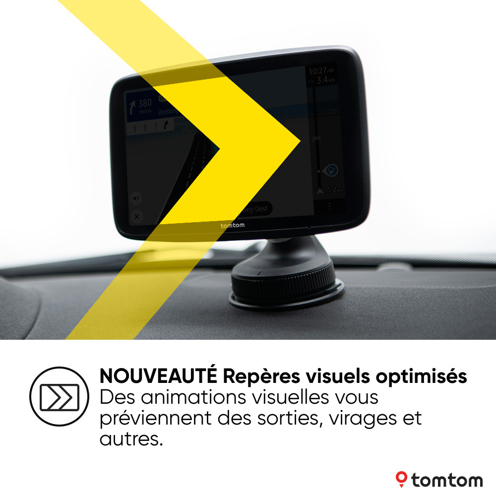 Appareil GPS TomTom dans une voiture, avec une flèche jaune indiquant les repères visuels.
