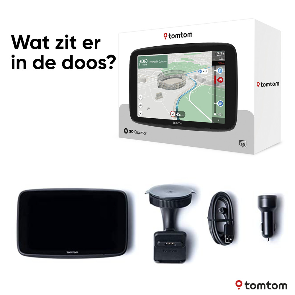 TomTom GO Superior box and contents: GPS, mount, charger, cable.