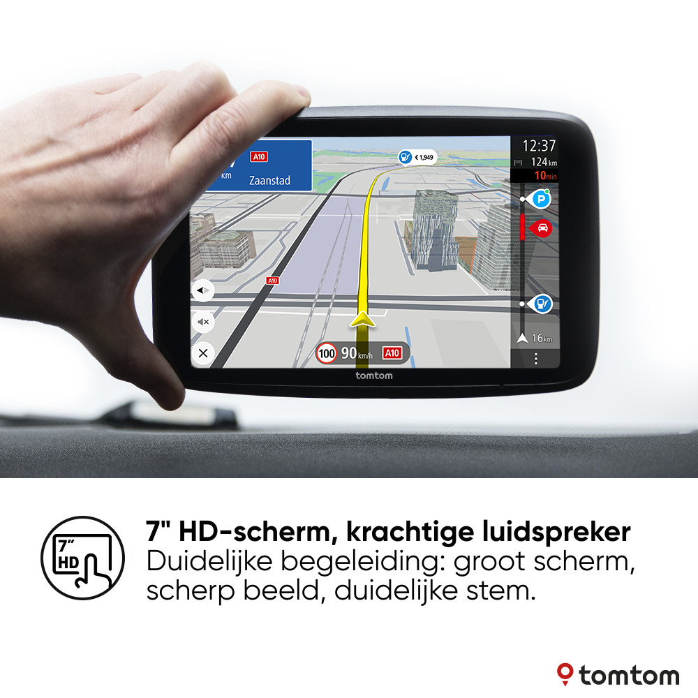 A hand holds a GPS device. A map is displayed with directions and a speed limit sign.