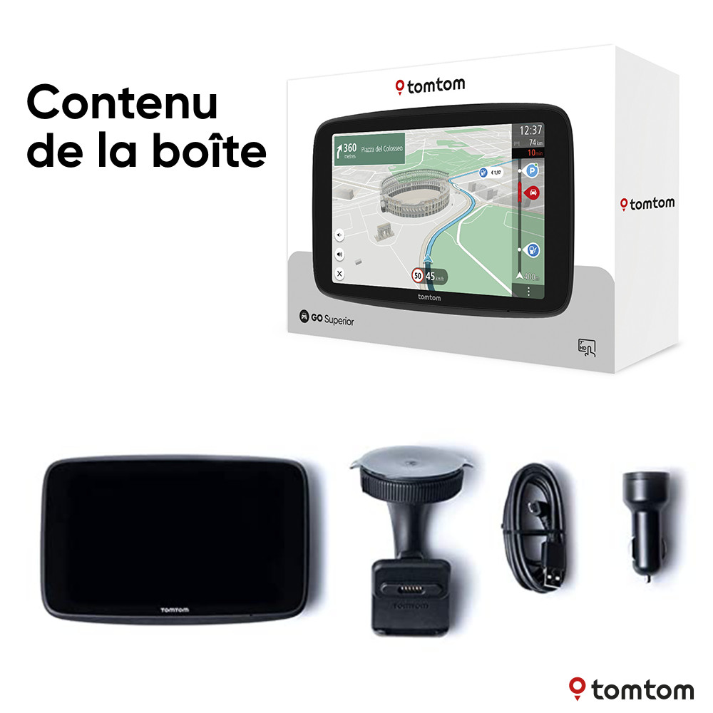 Appareil GPS TomTom GO Superior et boîte avec accessoires sur fond blanc.