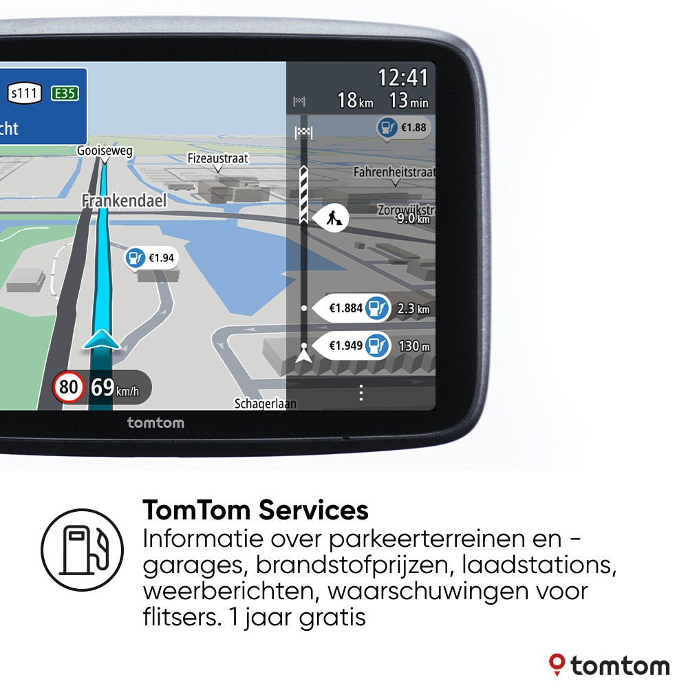 TomTom navigatieapparaat, met een kaart met routebegeleiding en informatie.