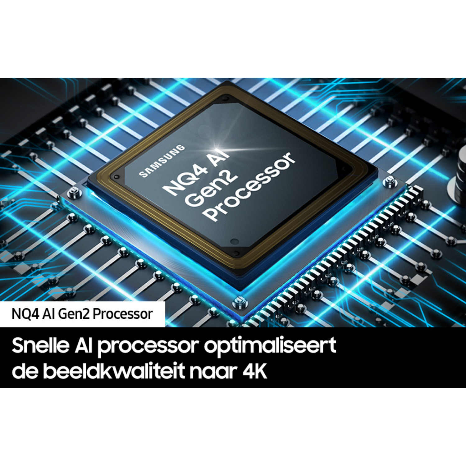 Close-up van een Samsung-processor met blauwe lichteffecten.