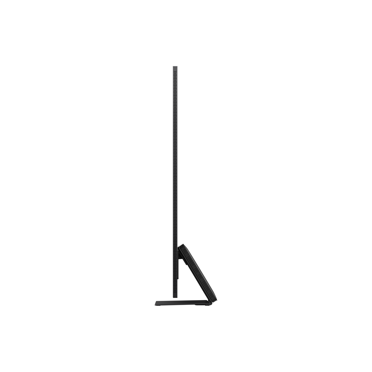 Side view of a black TV. The TV is on a stand. The frame is black.