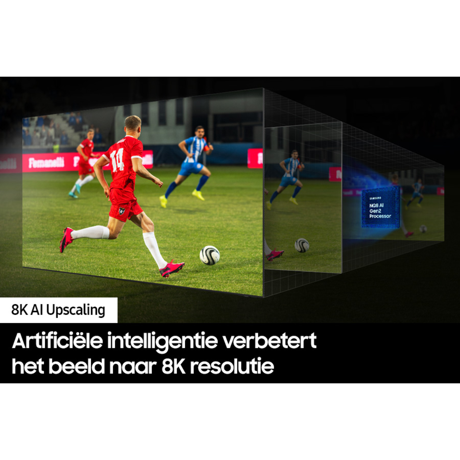 Soccer game scene in layers. A soccer player kicks the ball. AI AI Upscaling feature.
