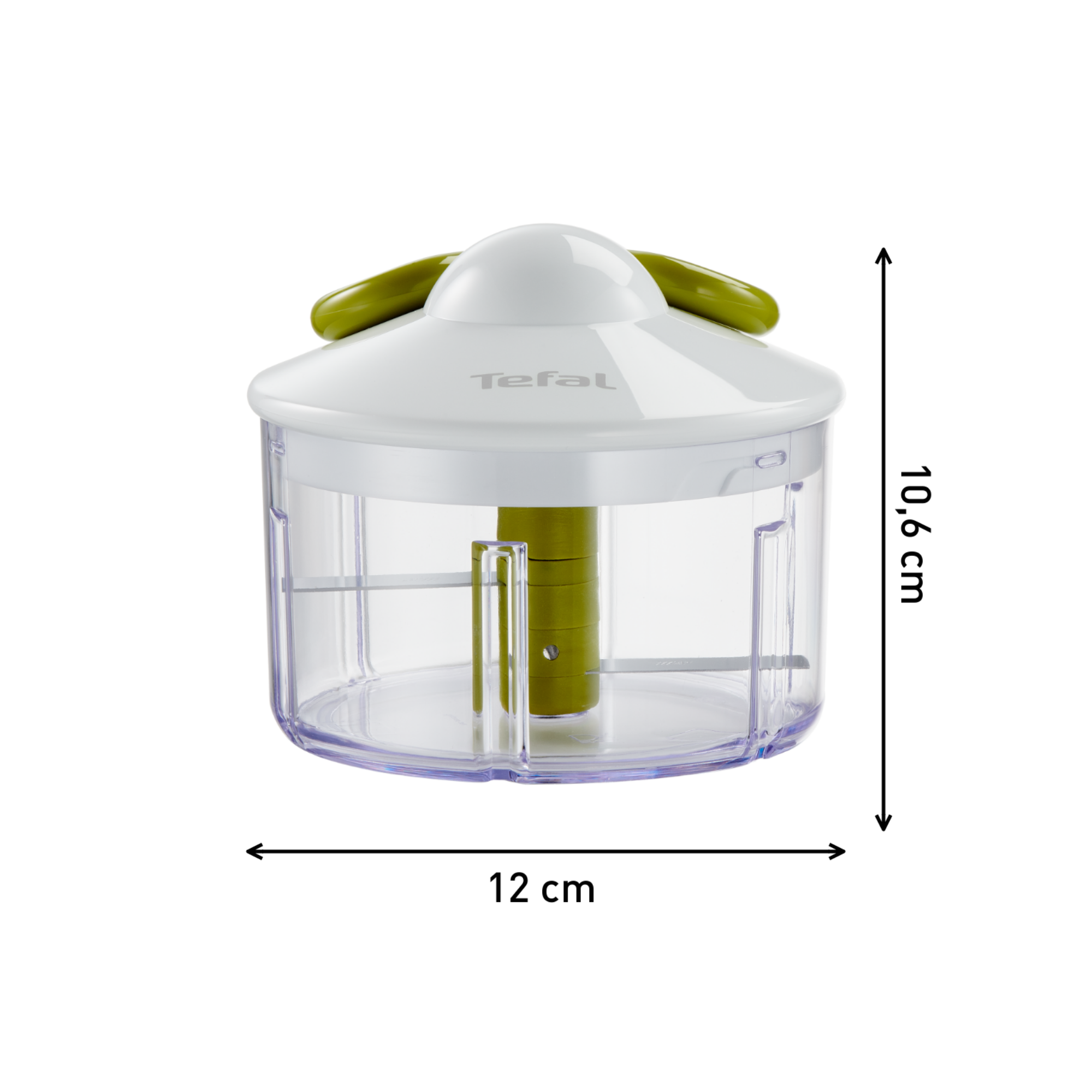 Un picador Tefal blanco y transparente con asas verdes, dimensiones visibles.