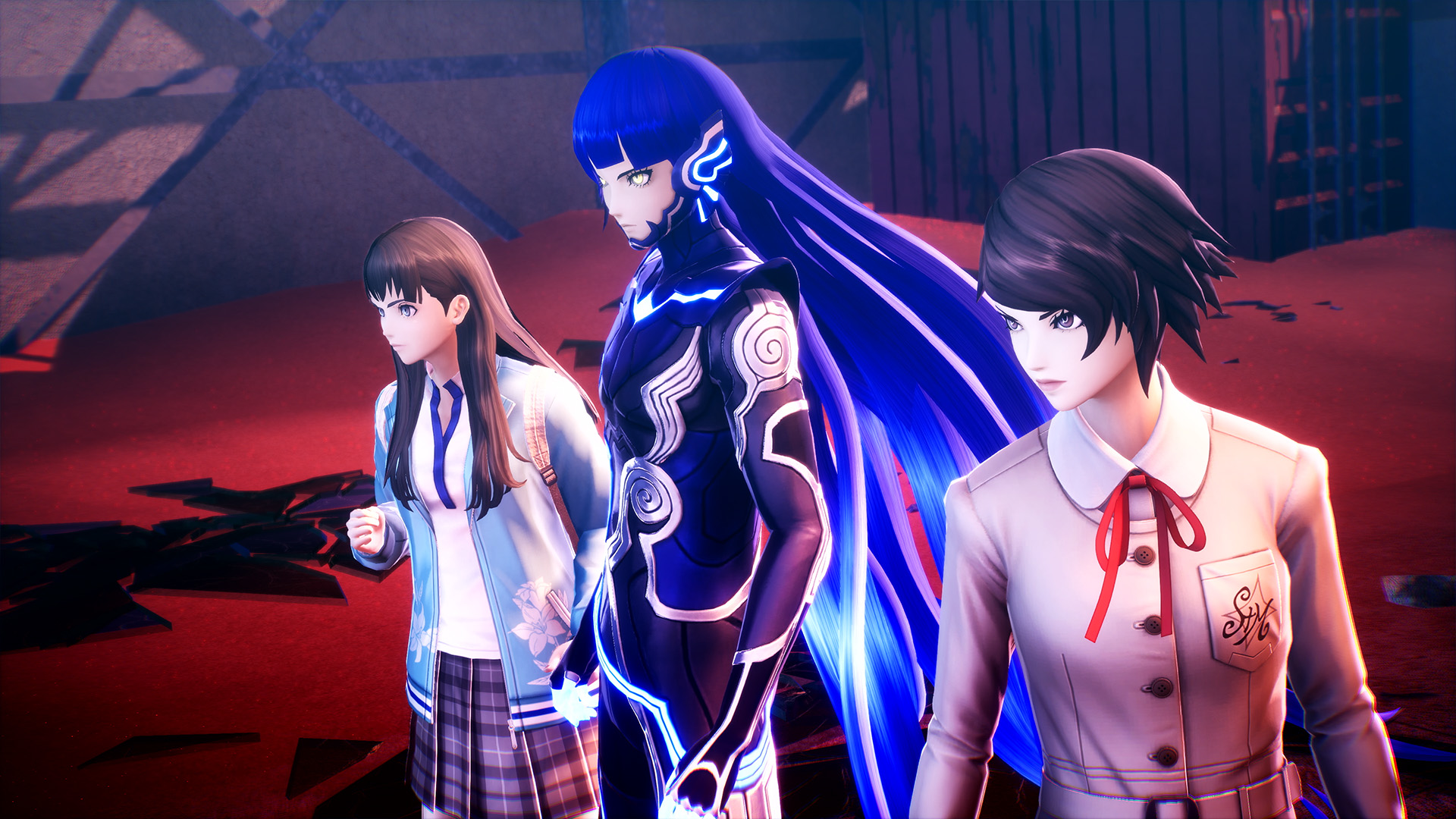 Tre personaggi anime in un'area illuminata di rosso.