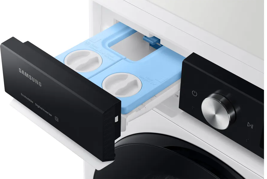 Cassetto detersivo lavatrice Samsung con inserto blu e scomparti bianchi.