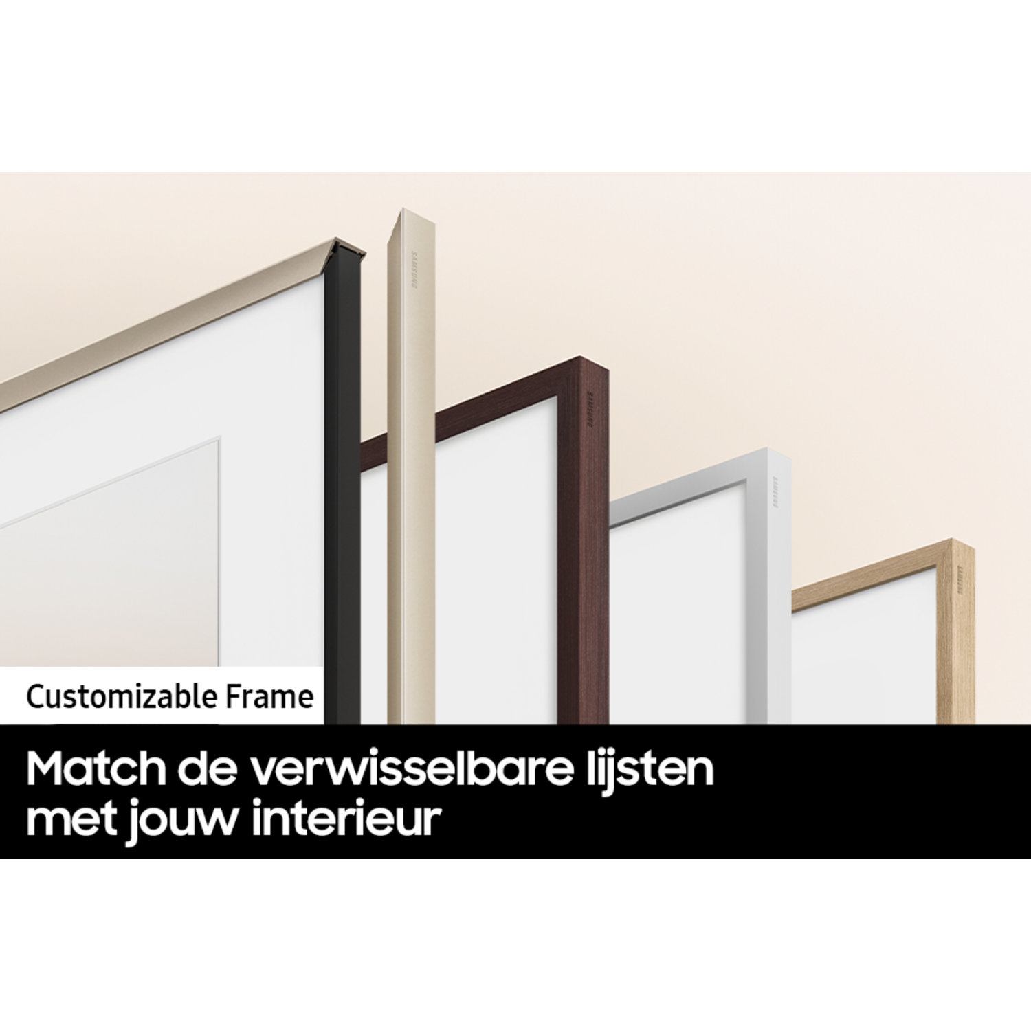 Weergave van aanpasbare tv-frames in verschillende kleuren. Tekst: Combineer de verwisselbare frames met uw interieur.