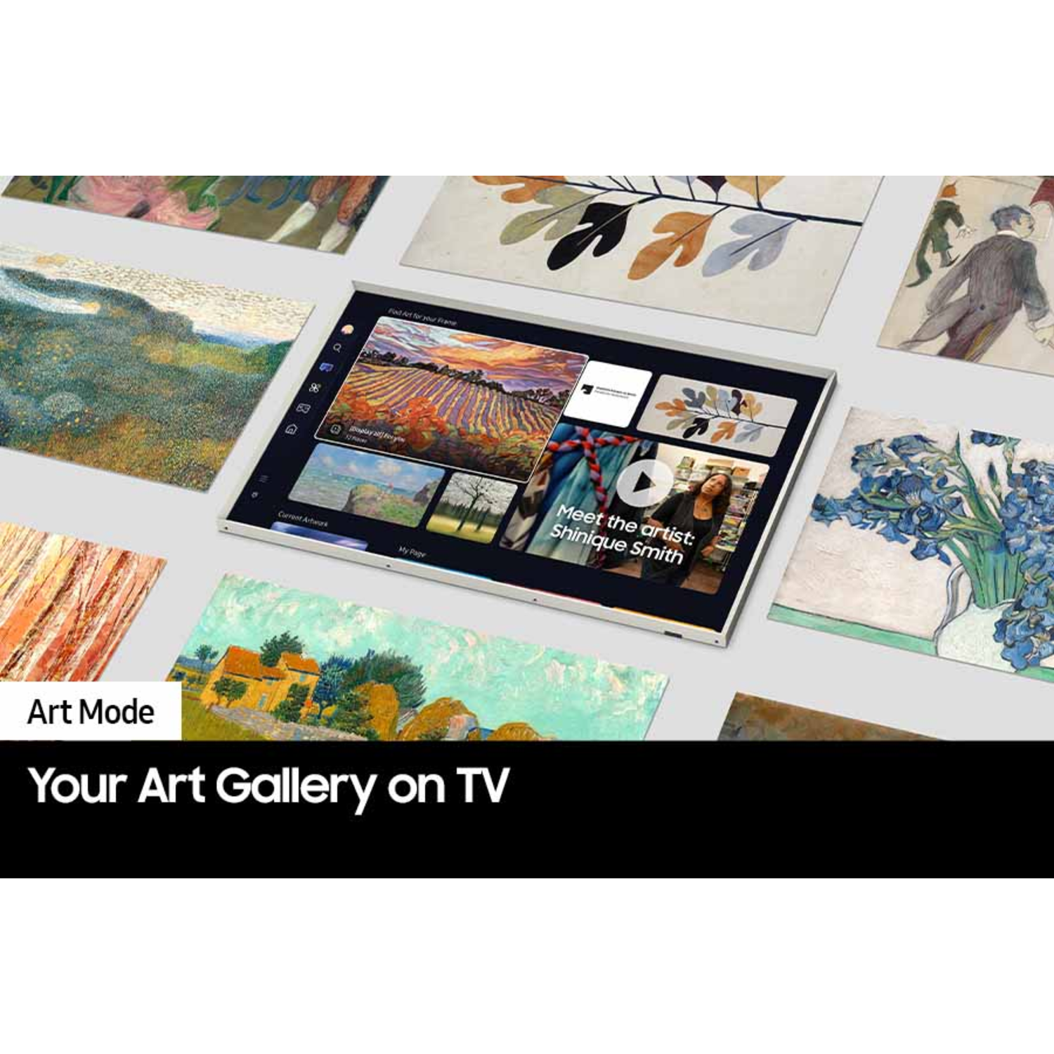 Tv-scherm met kunstwerken. Rondom het scherm meer kunstwerken. Tekst op scherm.