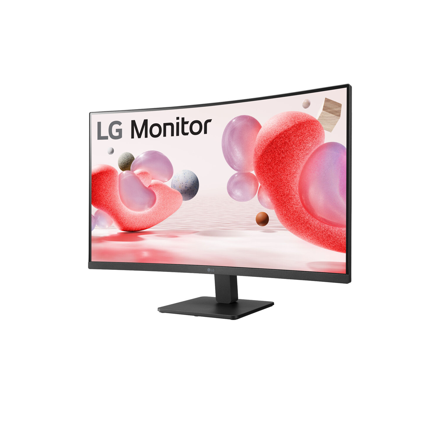 Curved LG monitor with pink and gray abstract shapes on the screen.