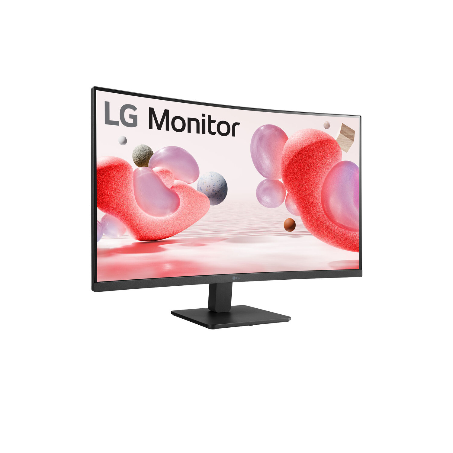 Curved monitor with an abstract pink and red background.