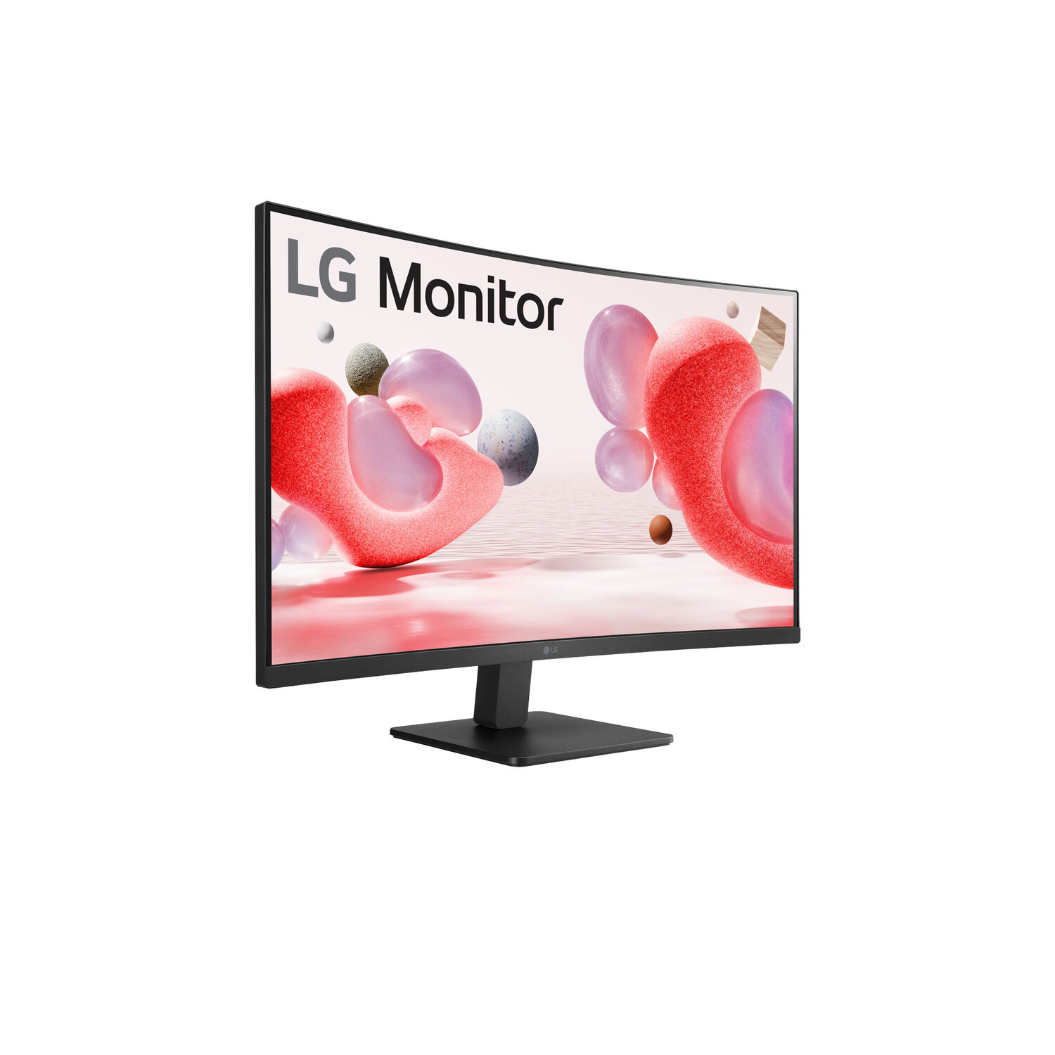 An LG monitor with a curved screen and a black base, displaying abstract shapes.