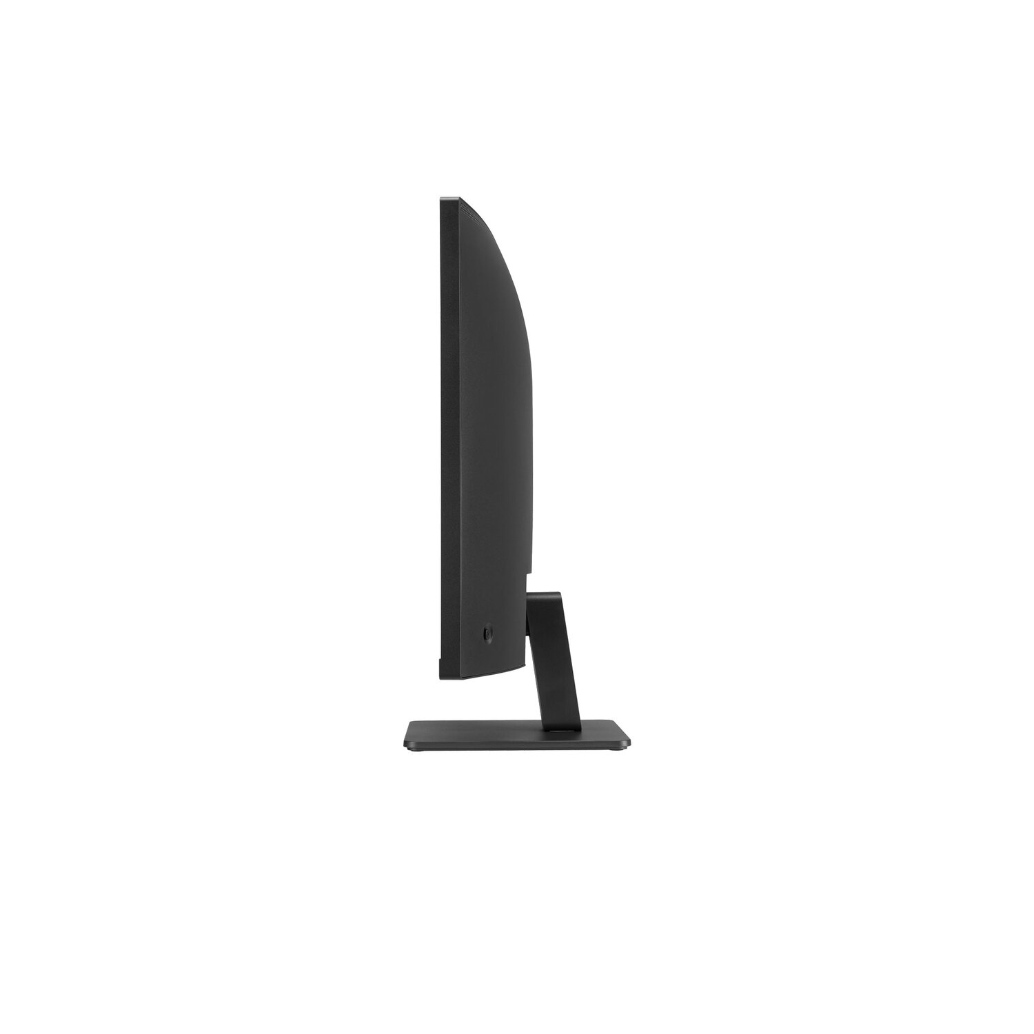 Side view of a black computer monitor on a white background. Minimalist design with a stand.