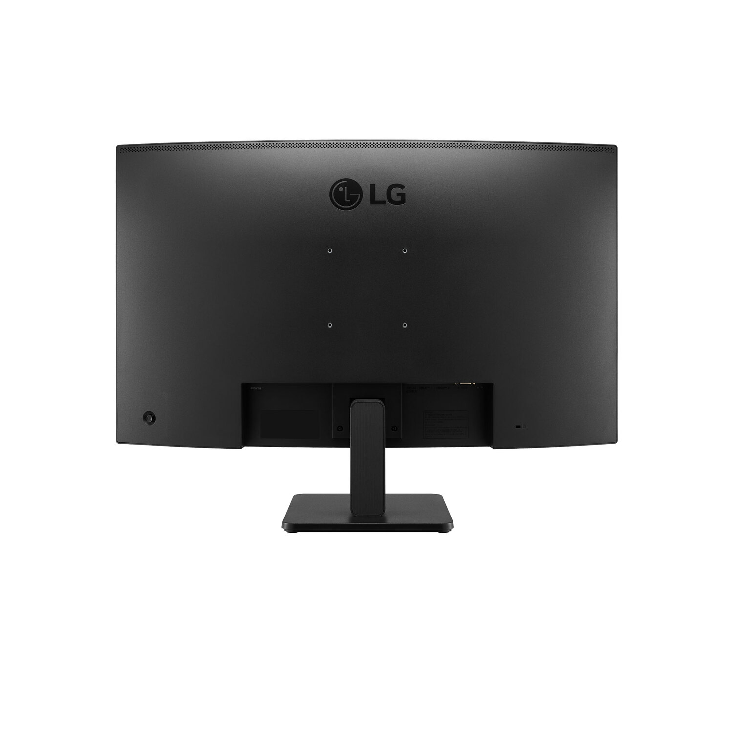 Back of a black LG monitor with stand, showing ports and the LG logo.