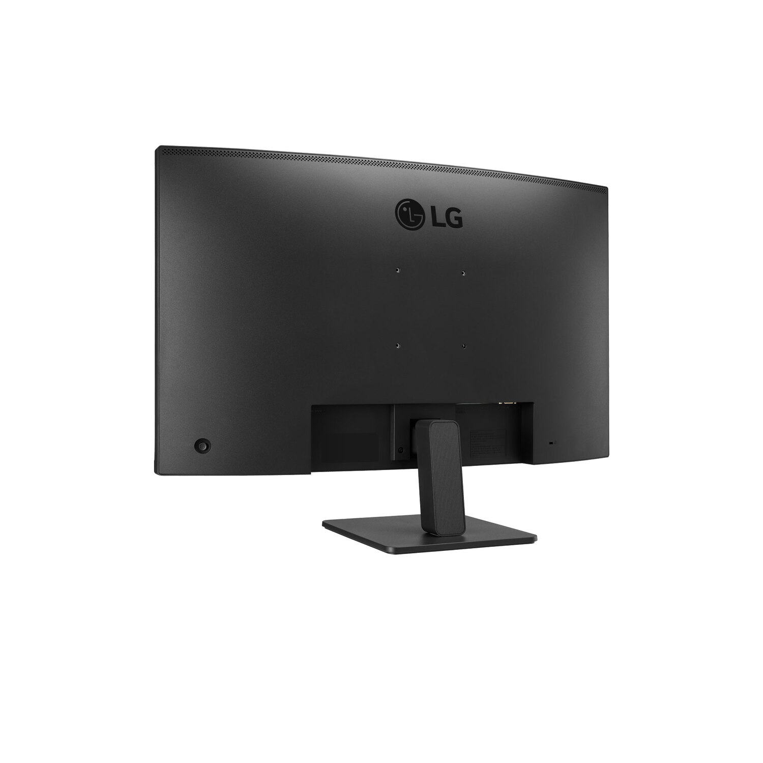Back of a black computer monitor.  LG logo visible, black stand, black background.