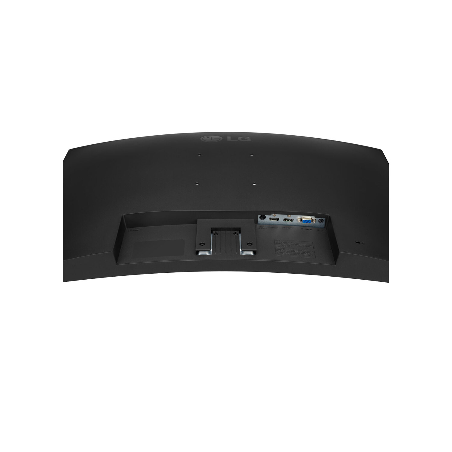 Rear view of a black computer monitor with several ports and a mount for the stand.