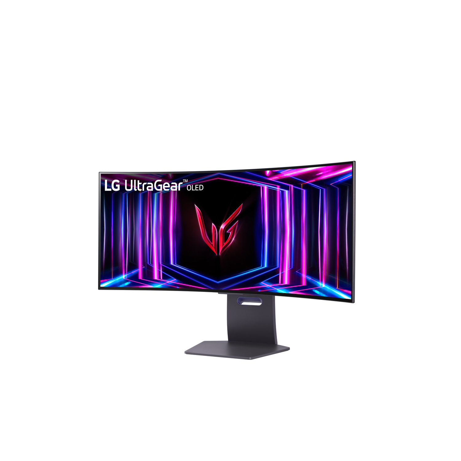 Curved ultrawide monitor with a gaming interface displayed. The screen shows a vibrant, colorful design.