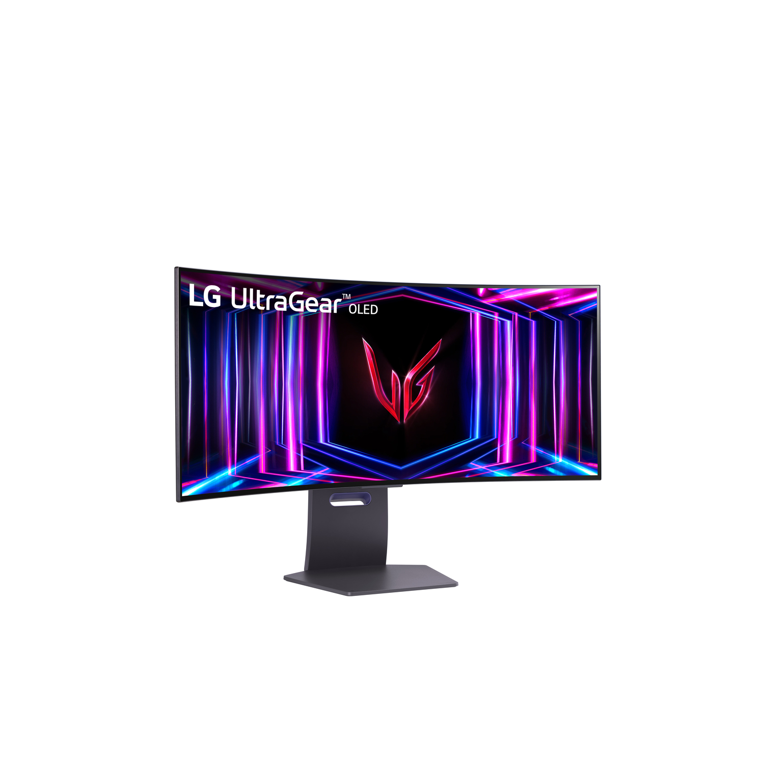 Curved black monitor with a gaming interface.  The LG UltraGear logo is visible.