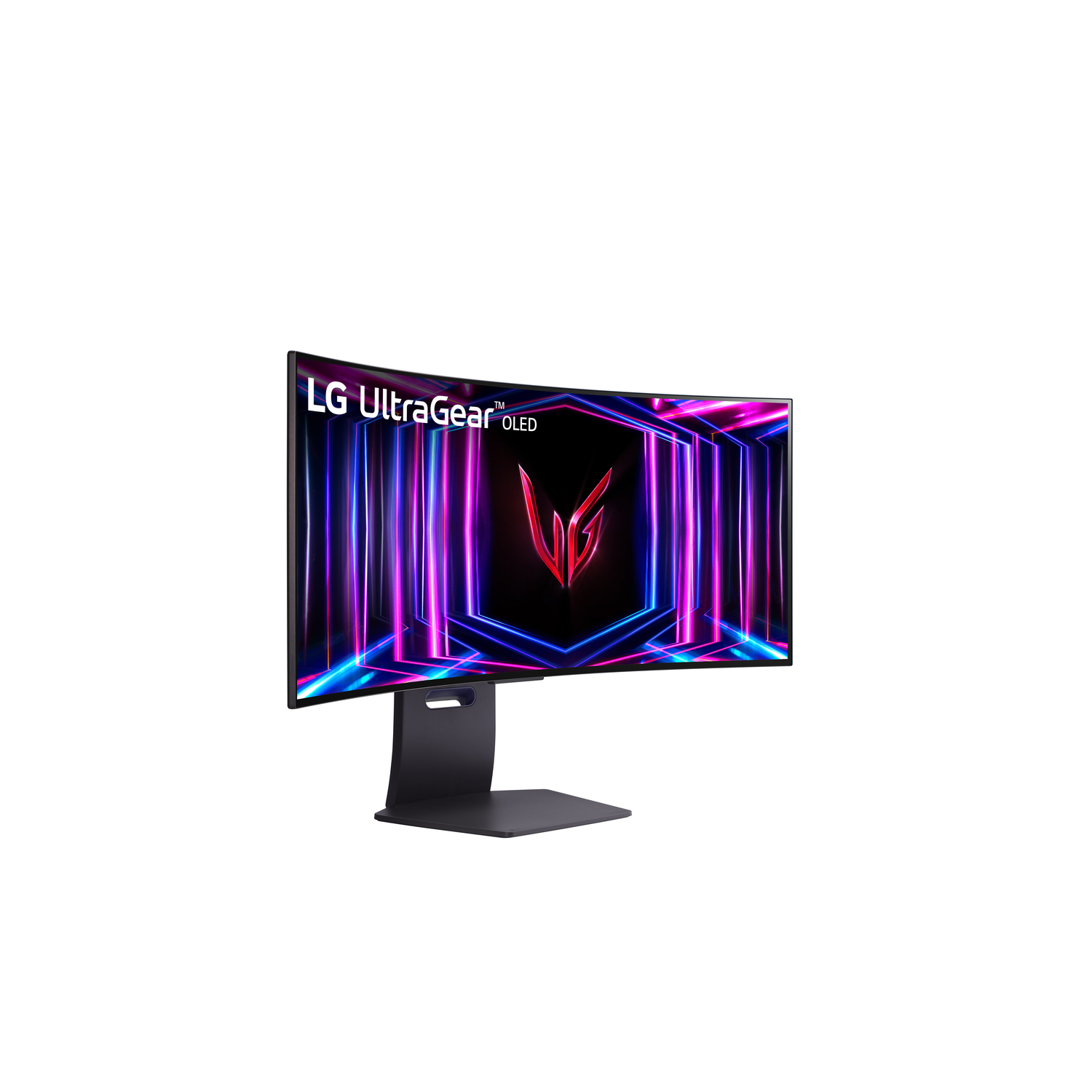 A curved gaming monitor displays a colorful graphic with the LG UltraGear logo.