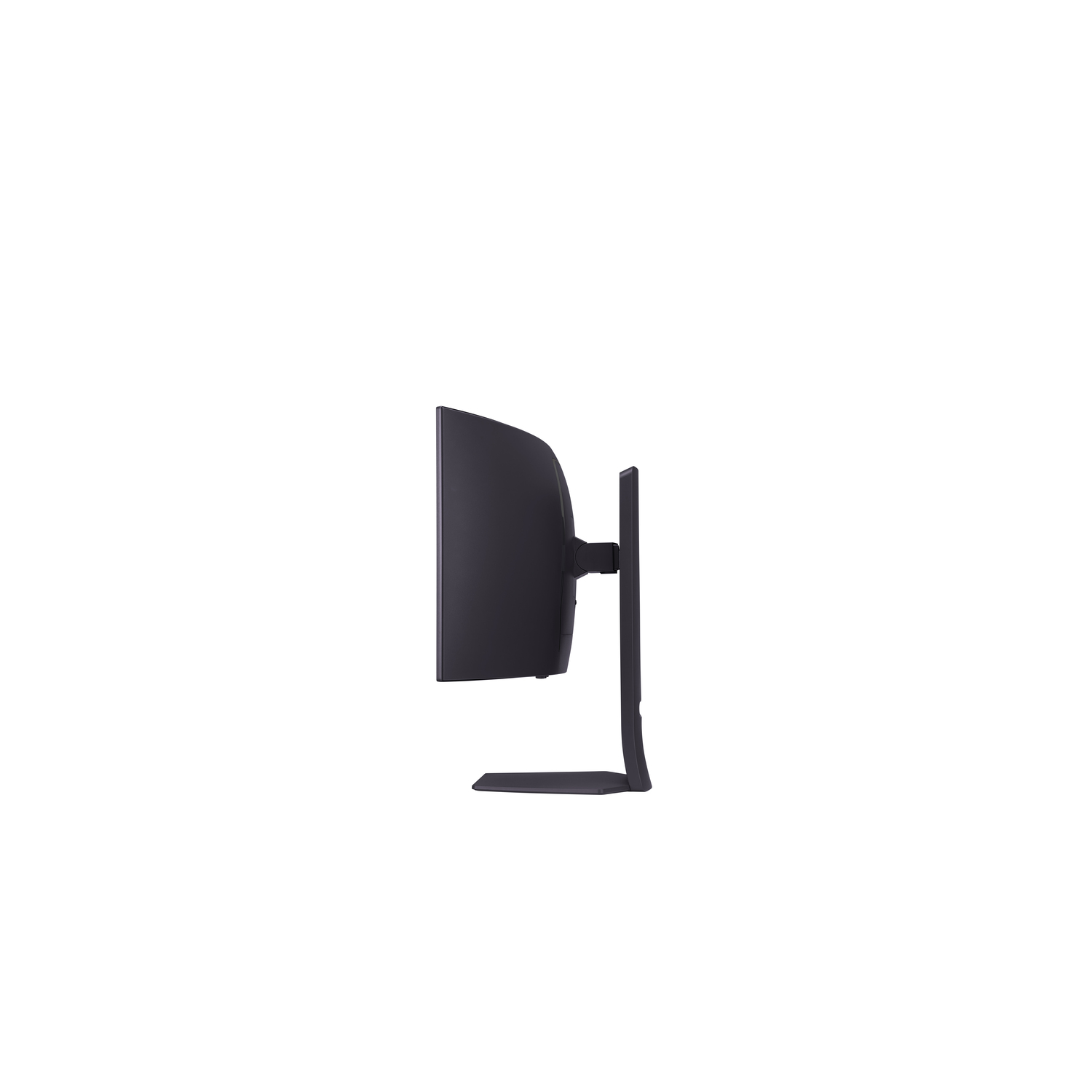 Side view of a curved black monitor with a black stand. The screen is wide and curved.