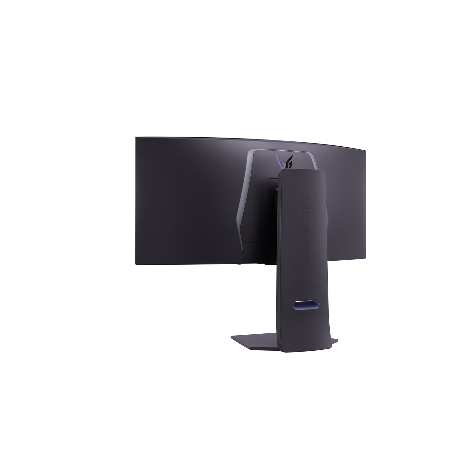 Rear view of a curved black gaming monitor with a stand.