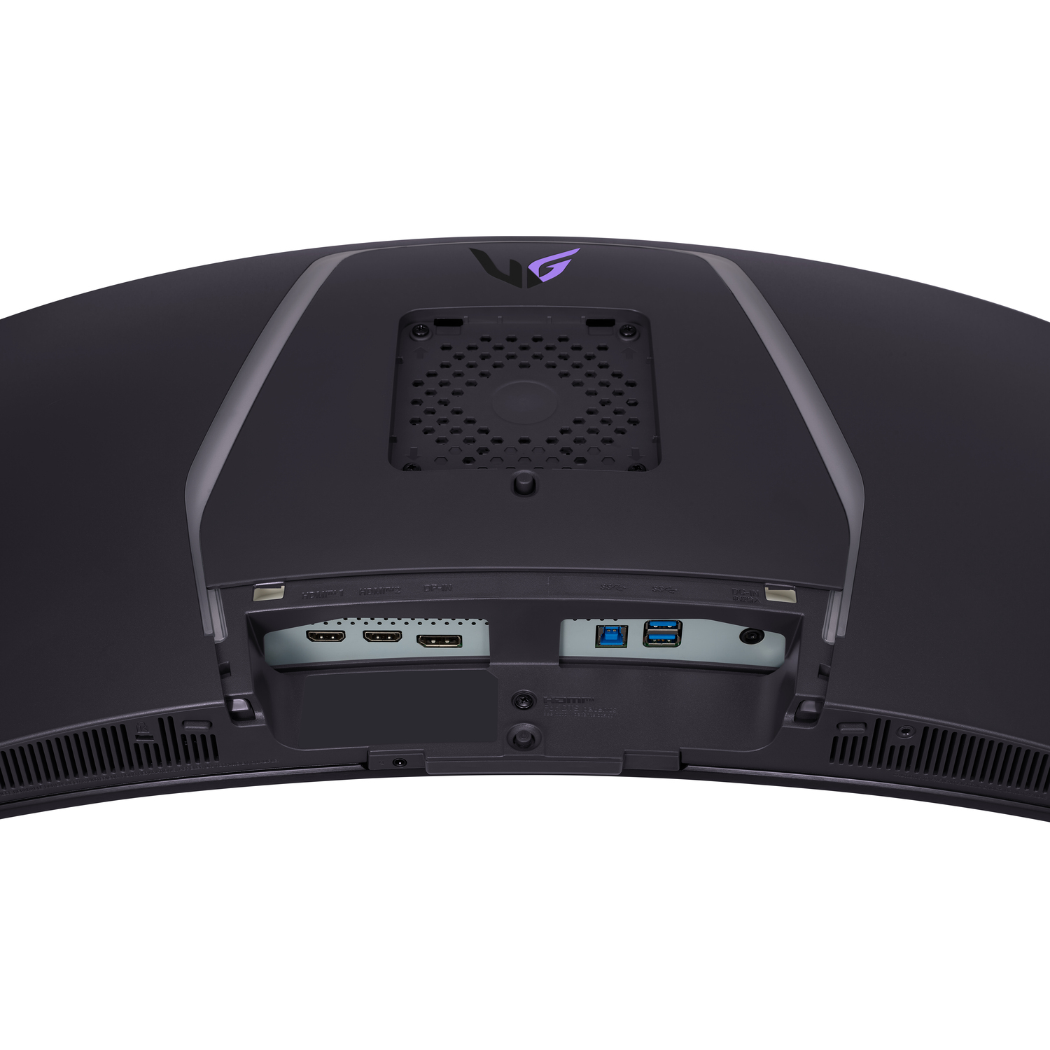 Back of a curved monitor showing ports and the LG logo. Black and gray design.