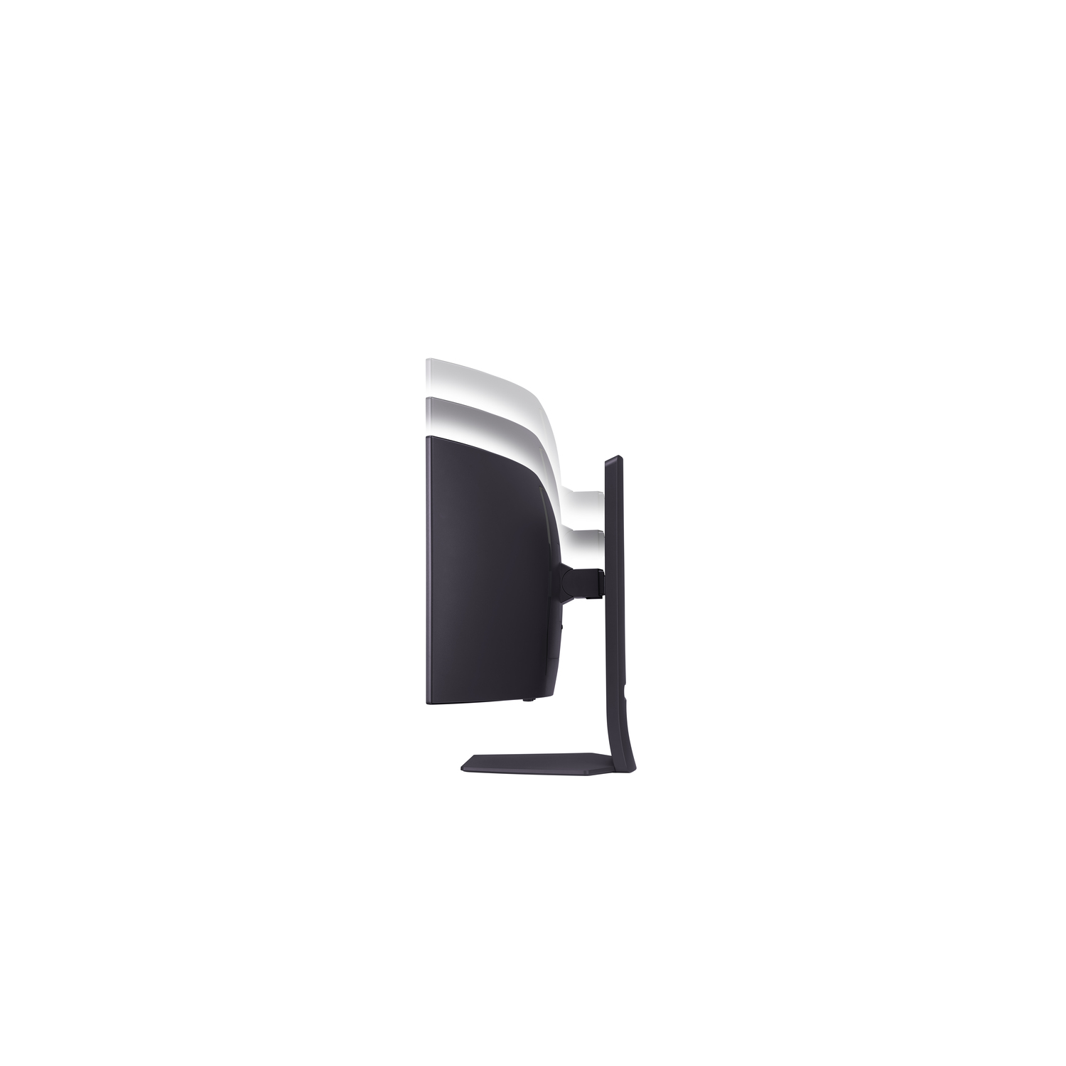 Side view of a black computer monitor with a curved screen and a black stand.