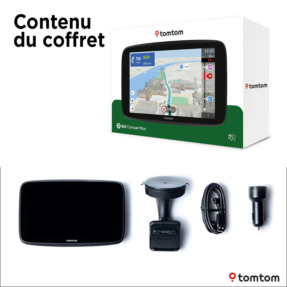Contenu d'une boîte TomTom Go Camper Max, comprenant GPS, support, câble et chargeur de voiture.
