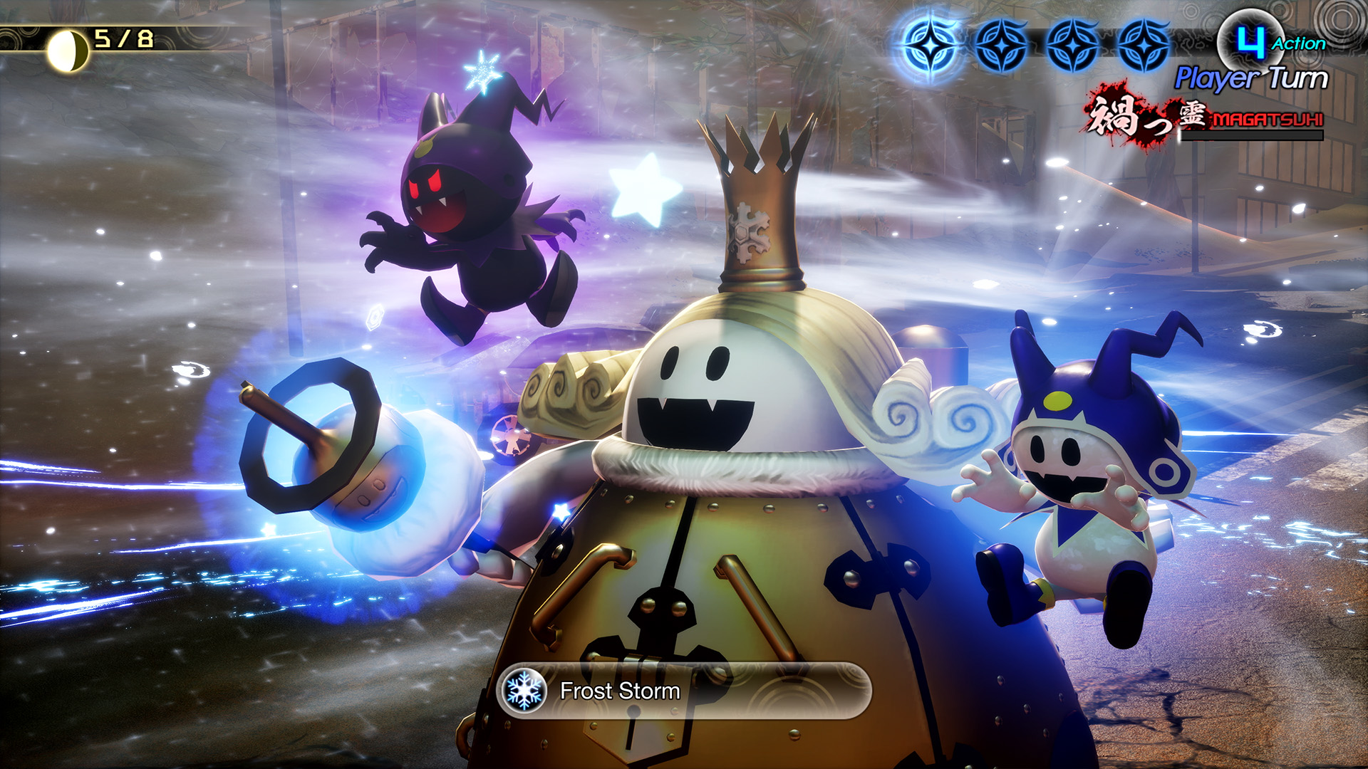 Scena di gioco con personaggi dei cartoni animati. Un personaggio grande e due piccoli. Mostra Frost Storm.