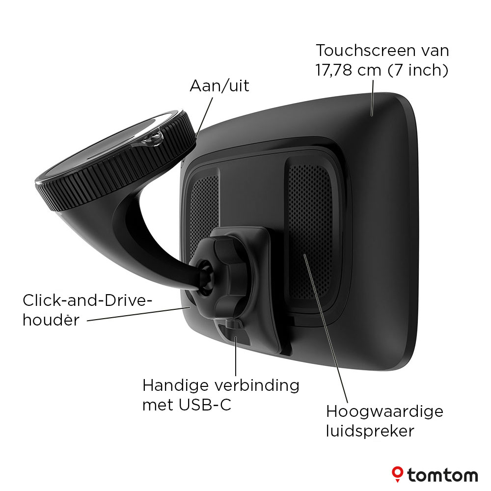 Een zwart navigatieapparaat met scherm, bevestigd aan een click-and-drive houder. Tekst labelt de onderdelen.