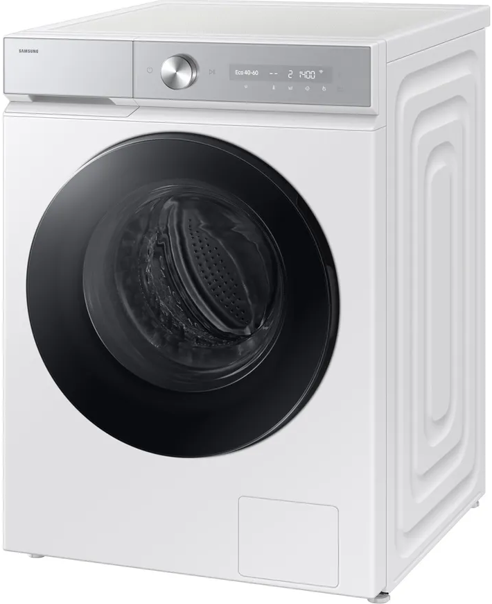 Eine weiße Samsung Waschmaschine mit schwarzer Tür. Der Hintergrund ist weiß.