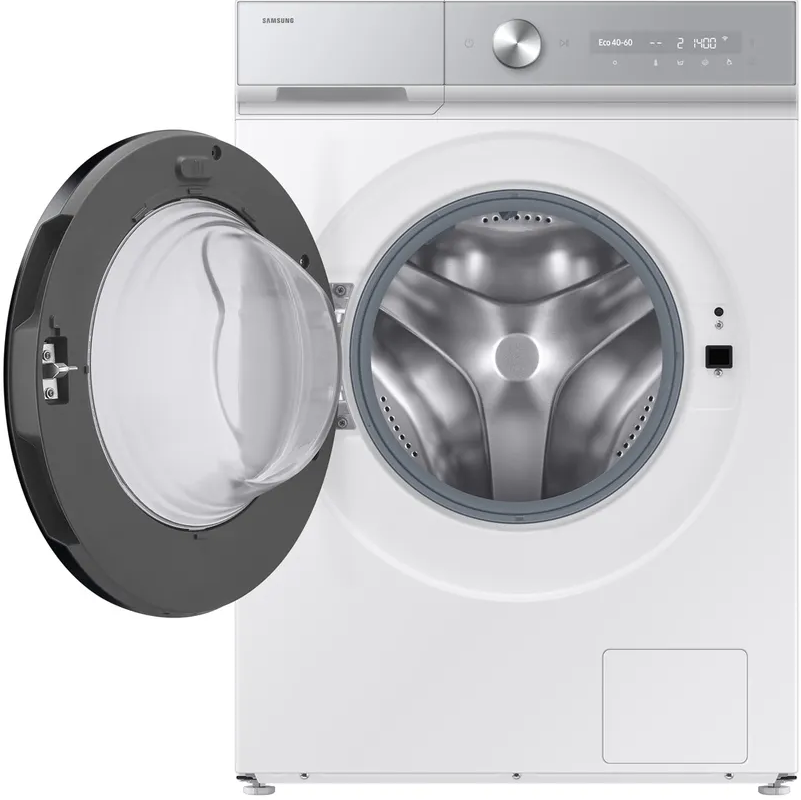 Eine Samsung Waschmaschine mit geöffneter Tür, die das Innere zeigt.