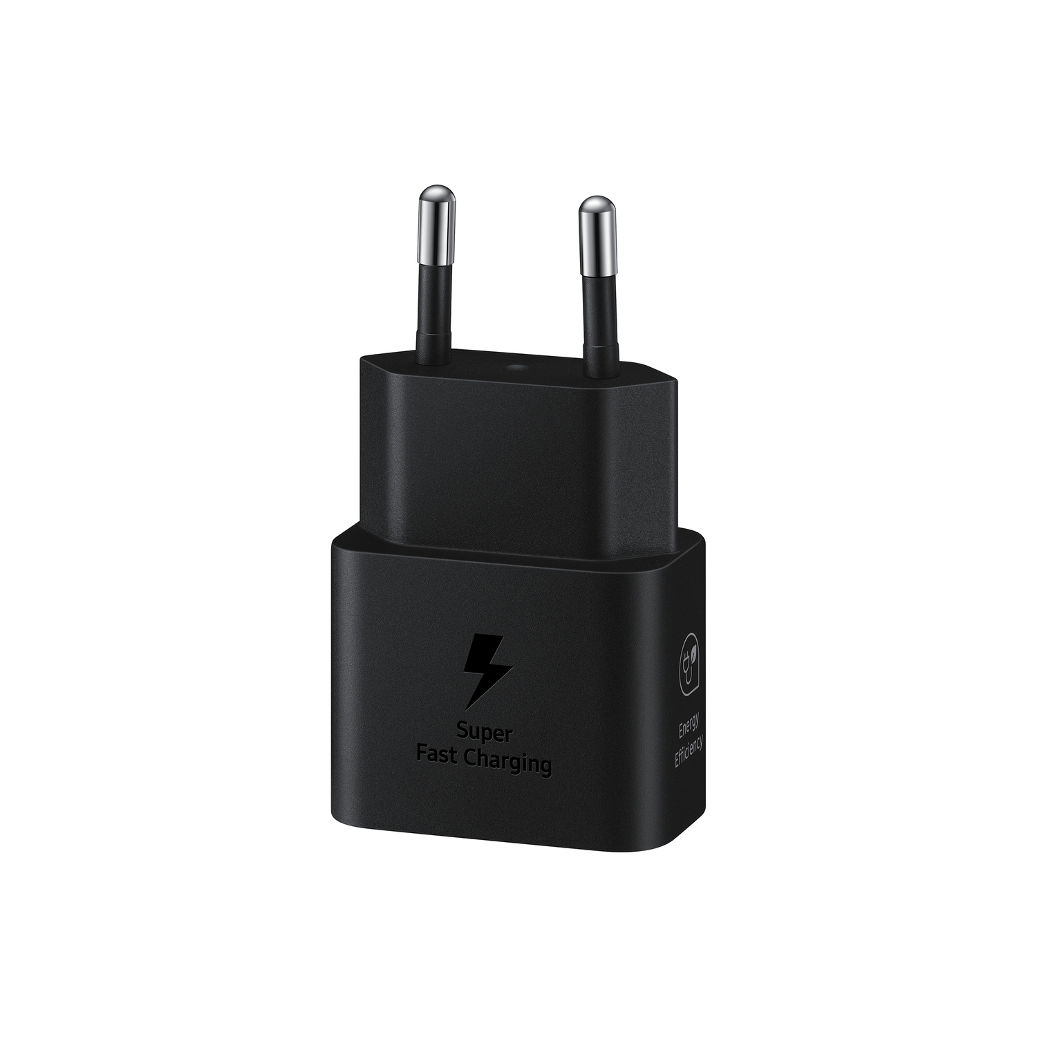Zwarte telefoonlader met twee pinnen en een bliksemsymbool. Super snel opladen.