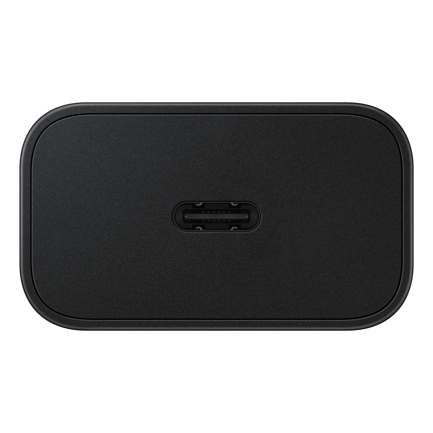 Een zwarte USB-C-oplader met afgeronde rechthoekige vorm en USB-C-poort.