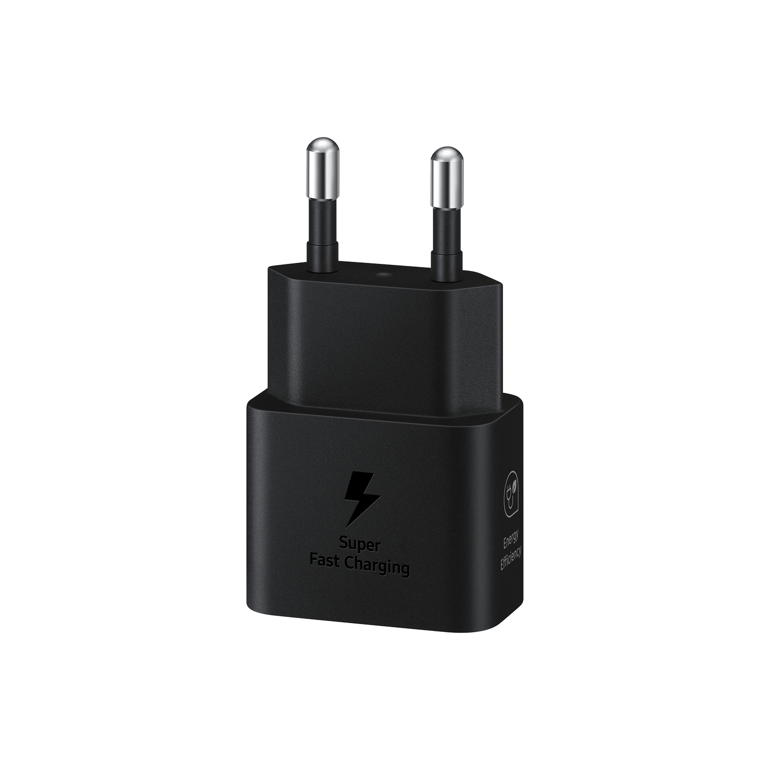 Een zwarte, tweedelige oplader met zilveren pinnen en de tekst 'Super Fast Charging'.