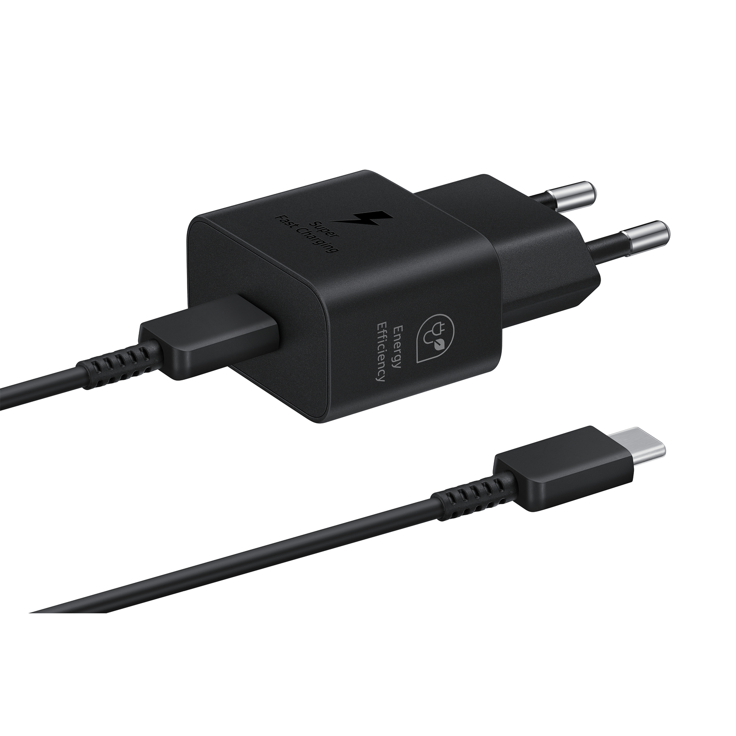 Zwarte telefoonlader met aangesloten kabel en een oplaadkop voor een Europees stopcontact.