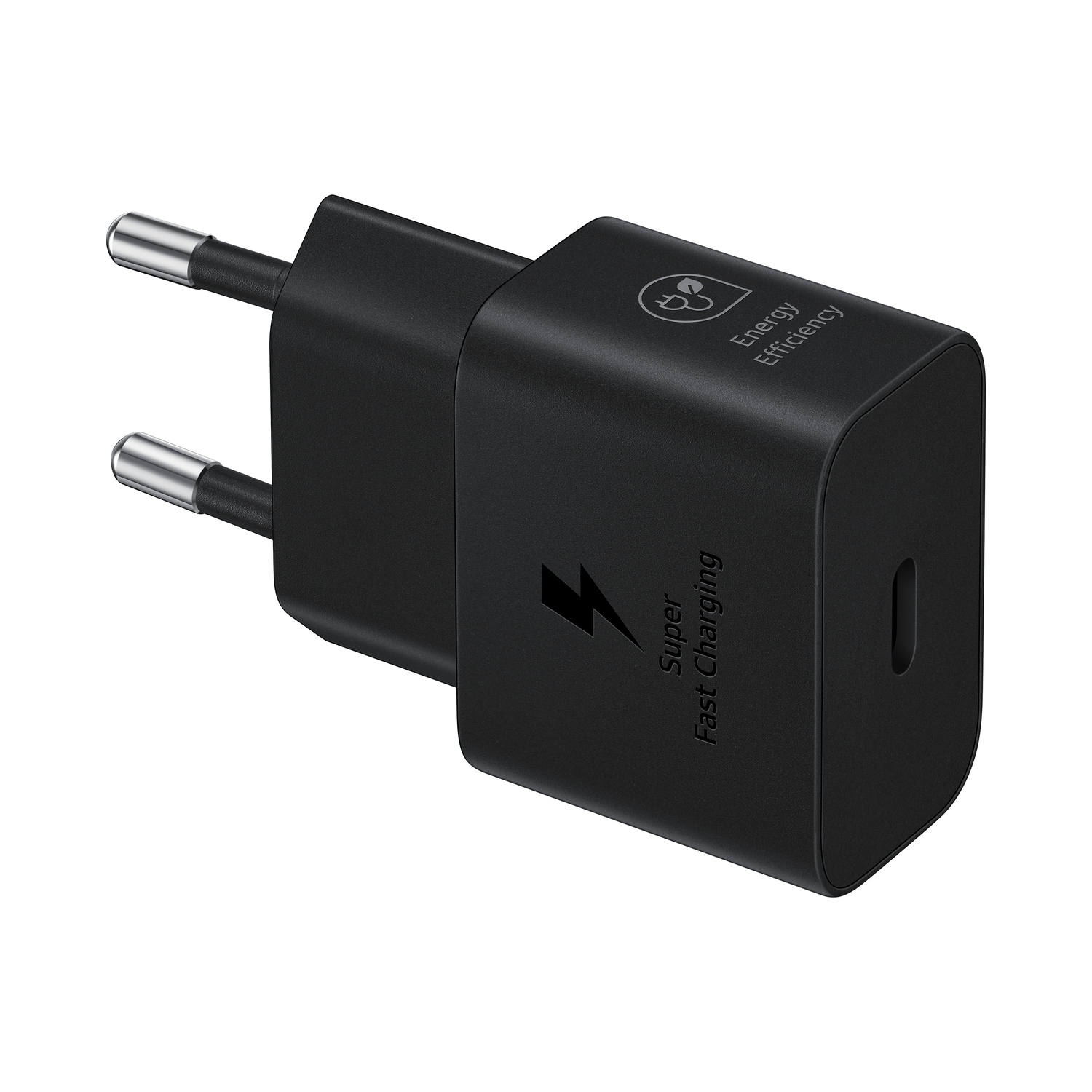 Zwarte oplader met twee pinnen en een bliksemschicht. De oplader heeft een 'Energy Efficiency'-label.