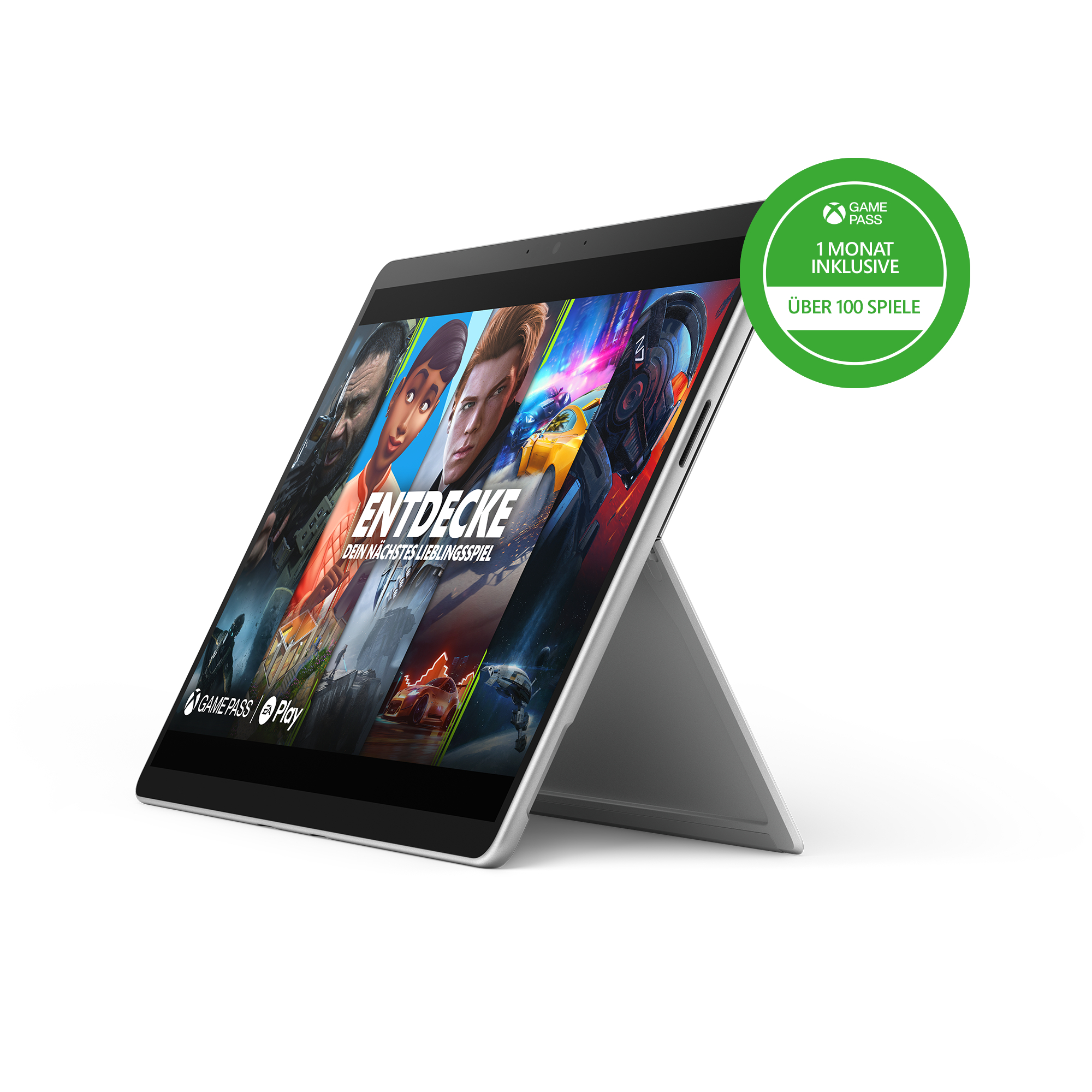 Ein Tablet mit einem Spielbildschirm, ein grüner Kreis, der einen Game Pass anzeigt, auf weißem Hintergrund.