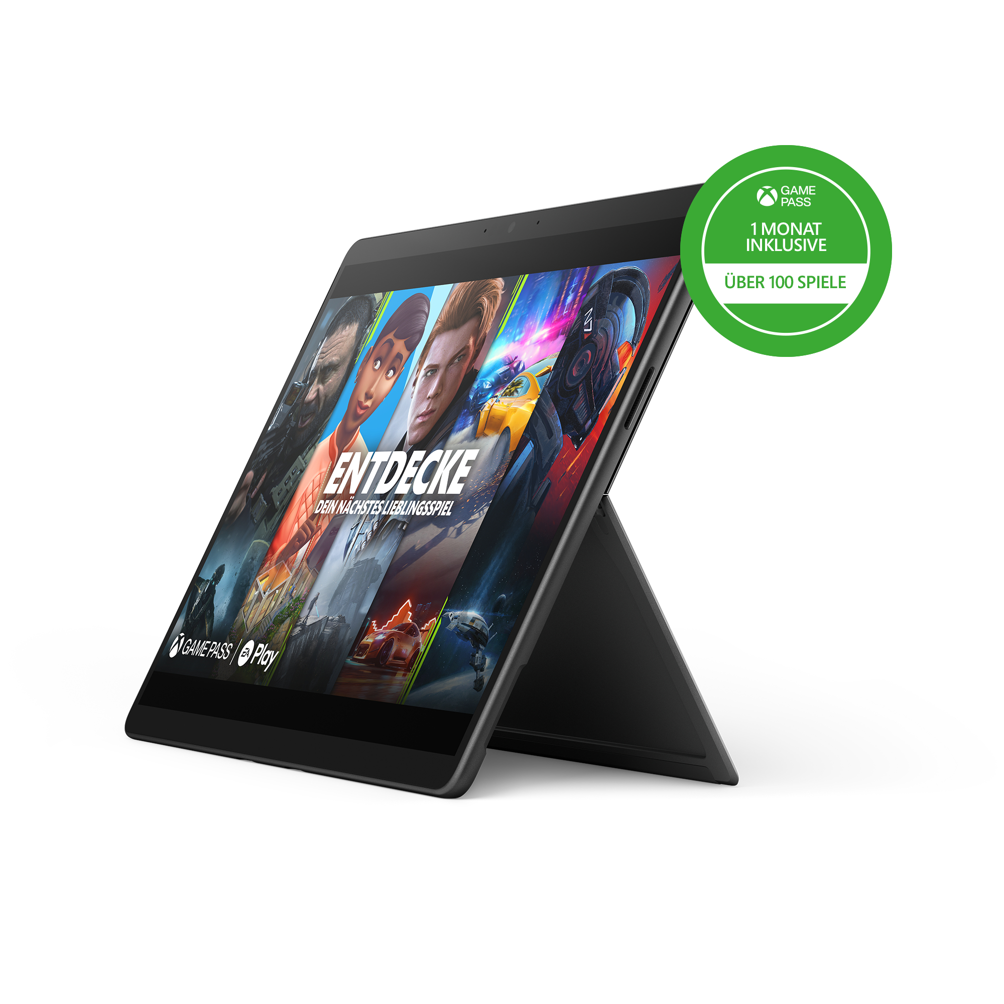Ein schwarzes Tablet mit Ständer zeigt Spielbilder. Das Tablet hat einen grünen Game Pass Aufkleber.