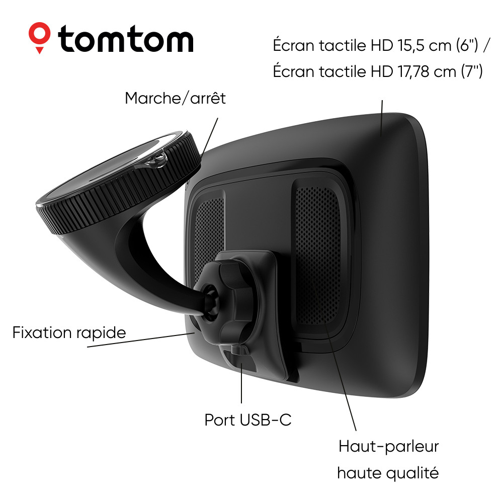 Un appareil GPS TomTom noir, montrant l'arrière avec un port USB et un support, et les mots 'TomTom'.