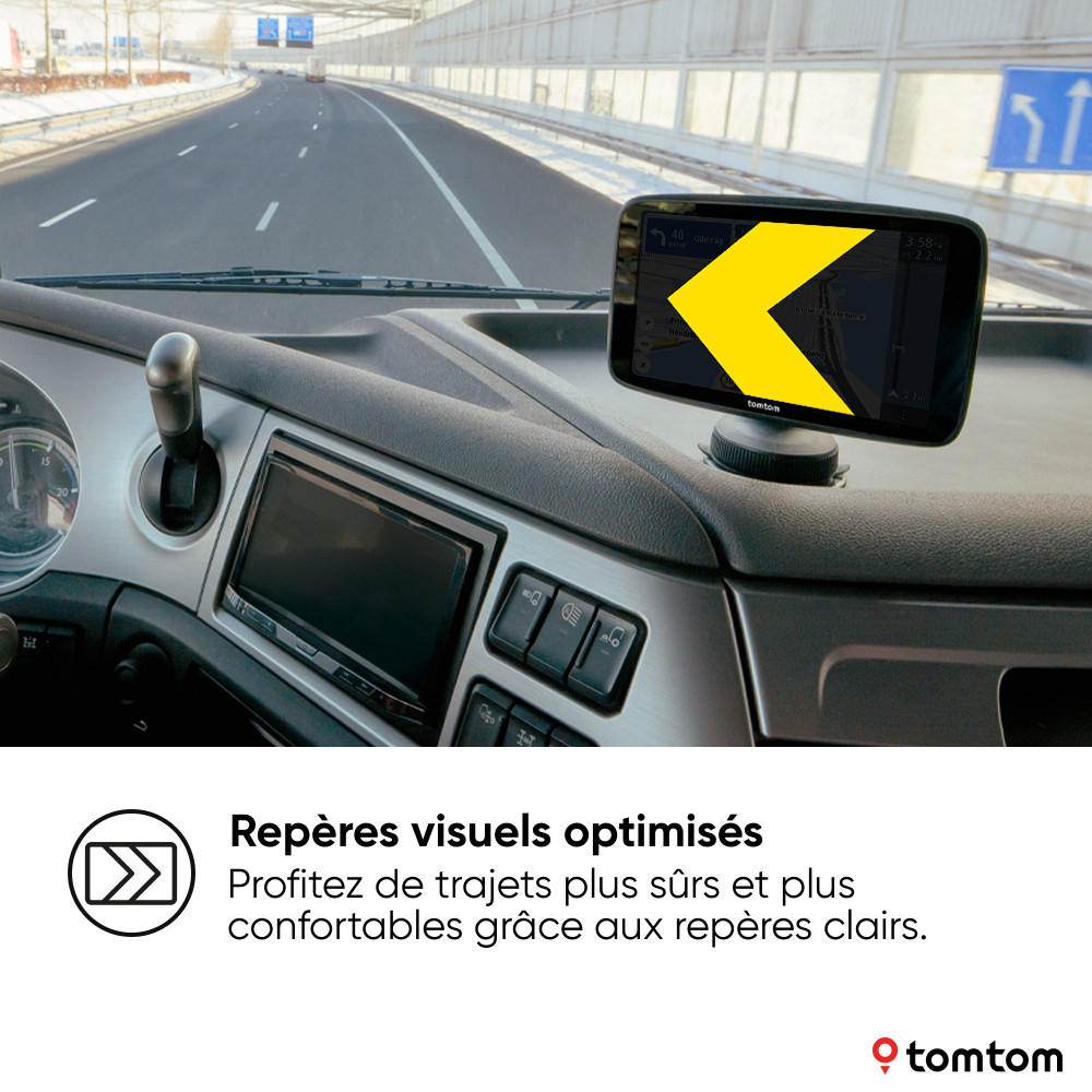 Un appareil GPS dans une voiture, affichant une carte avec une flèche jaune. Texte : 'Guides visuels'.